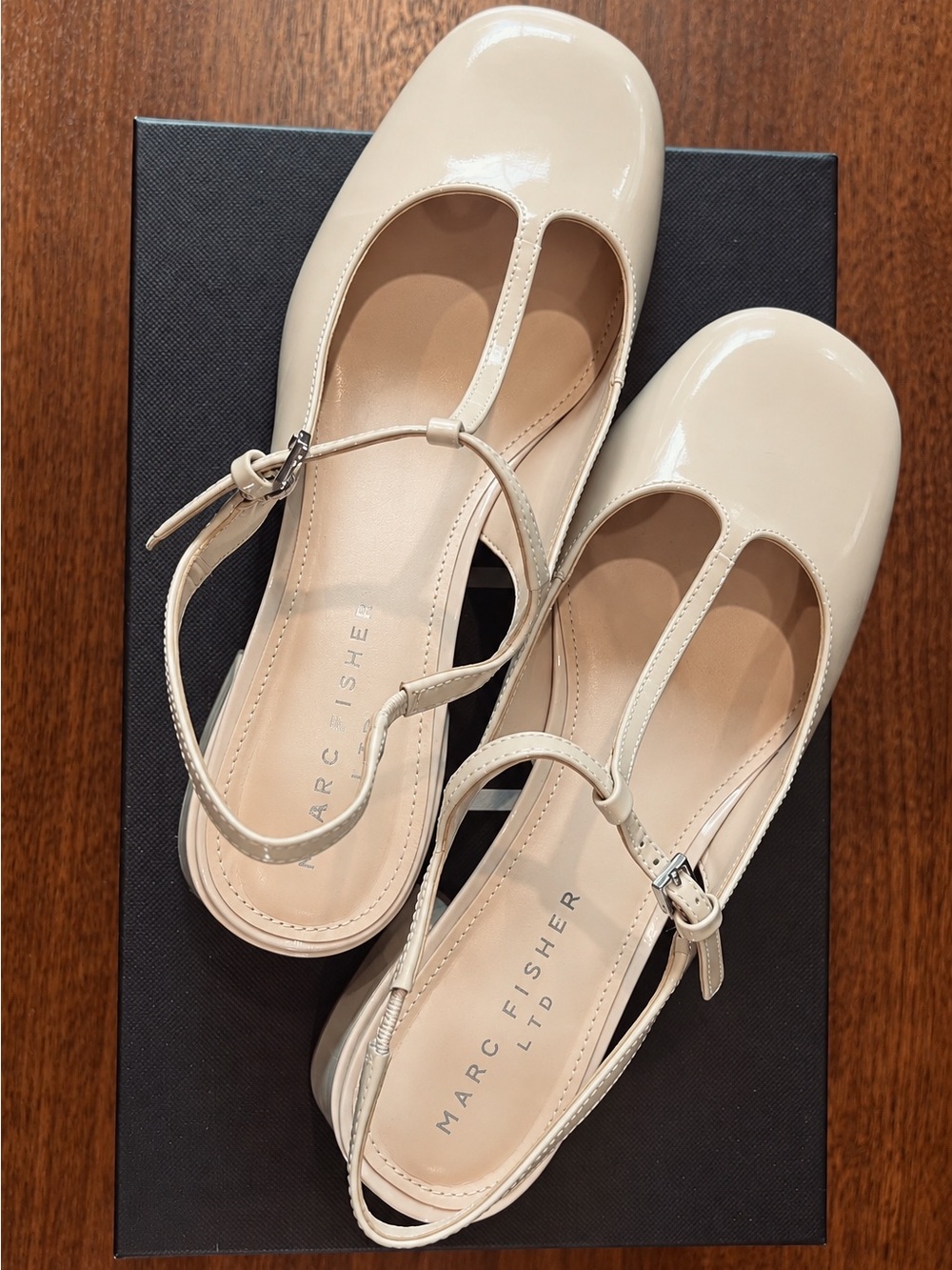 Marc Fisher Cream Patent T-Strap Mary Jane Flats